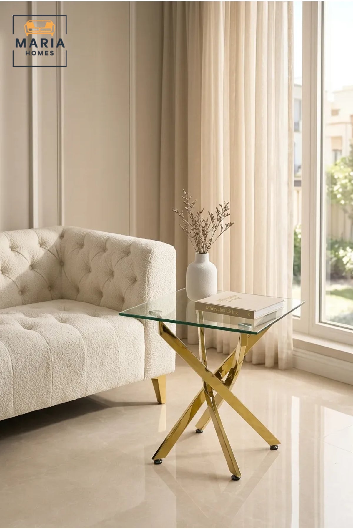 طاولة جانبية عصرية ذهبية زجاجية – طاولة جانبية زجاجية مربعة مقواة بقاعدة متقاطعة معدنية ذهبية لغرفة المعيشة وغرفة النوم والردهة