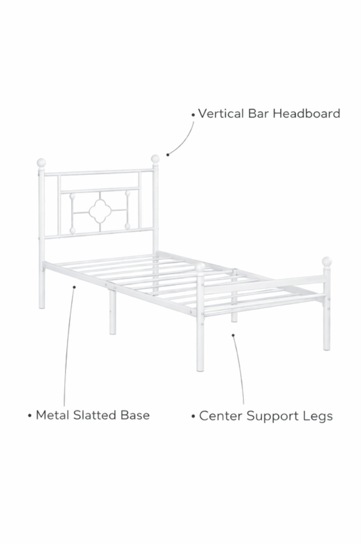 White Metal Single Bed Frame with Decorative Headboard