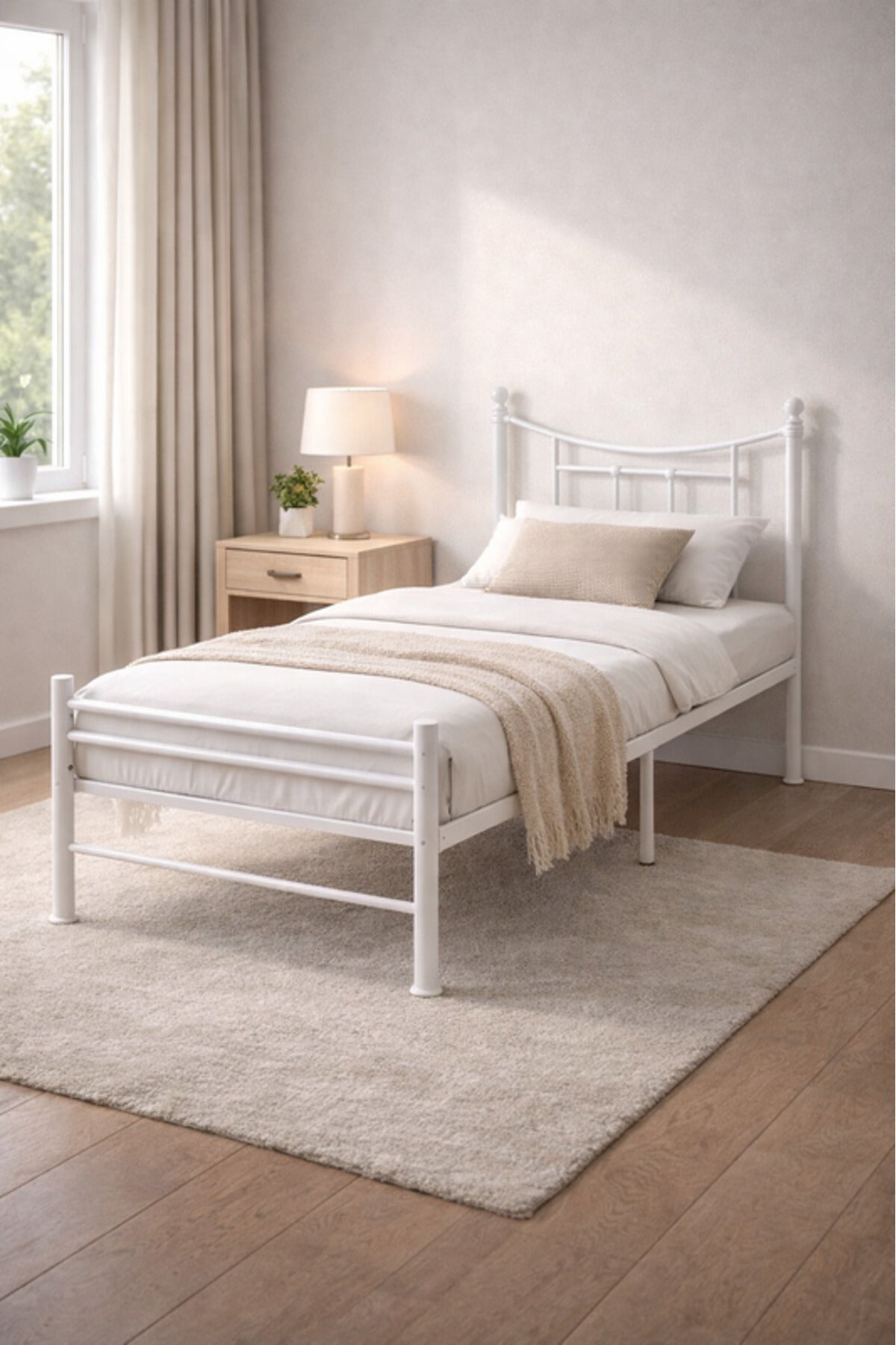 White Metal Bed Frame with Curved Headboard