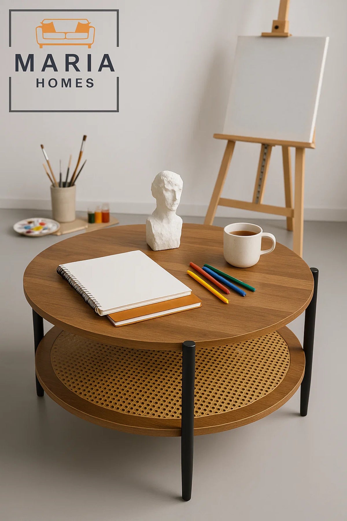 طاولة قهوة بنمط خشبي مع رف تخزين دائري من الراتان