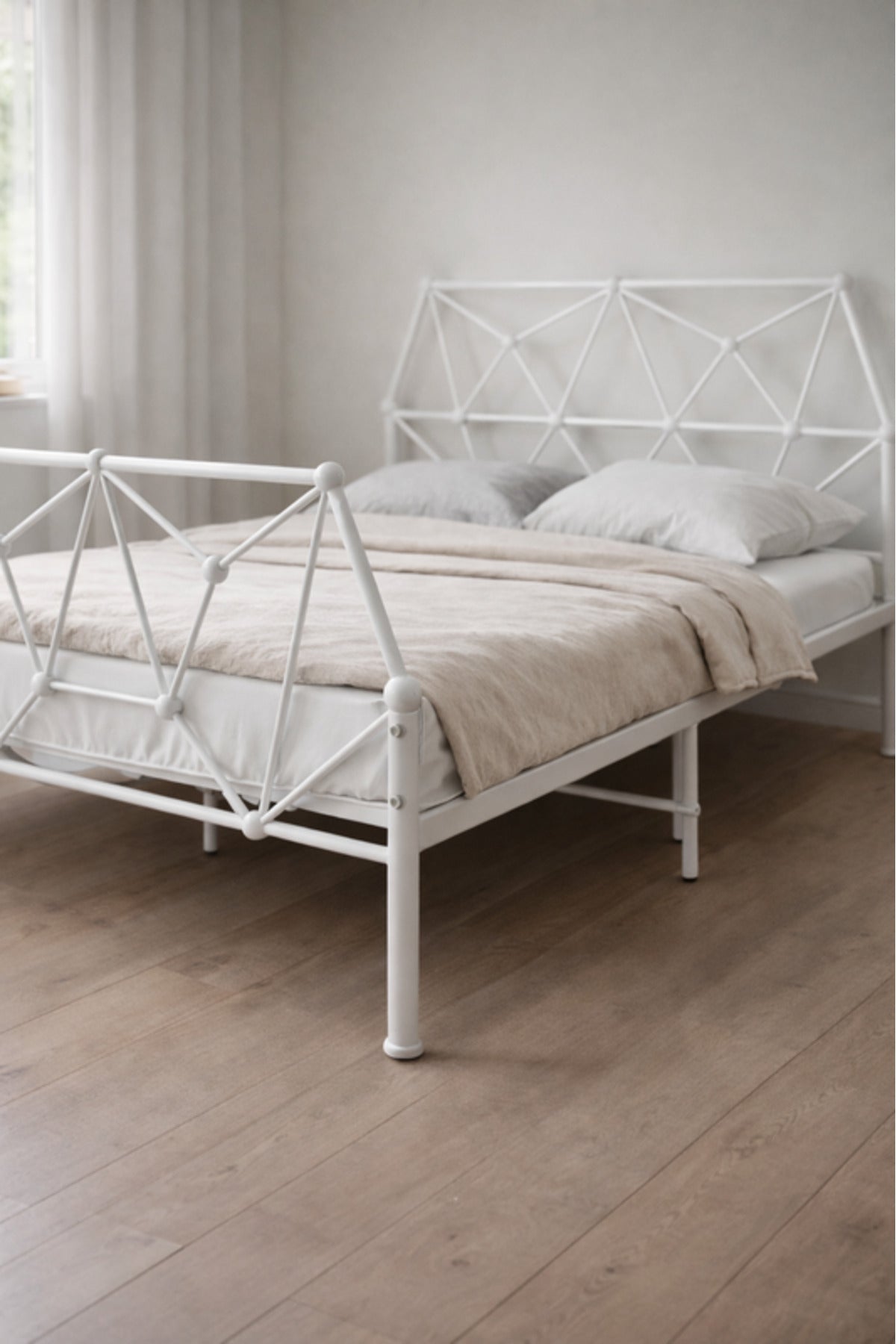 White Metal Bed Frame Geometric Headboard white metal bed