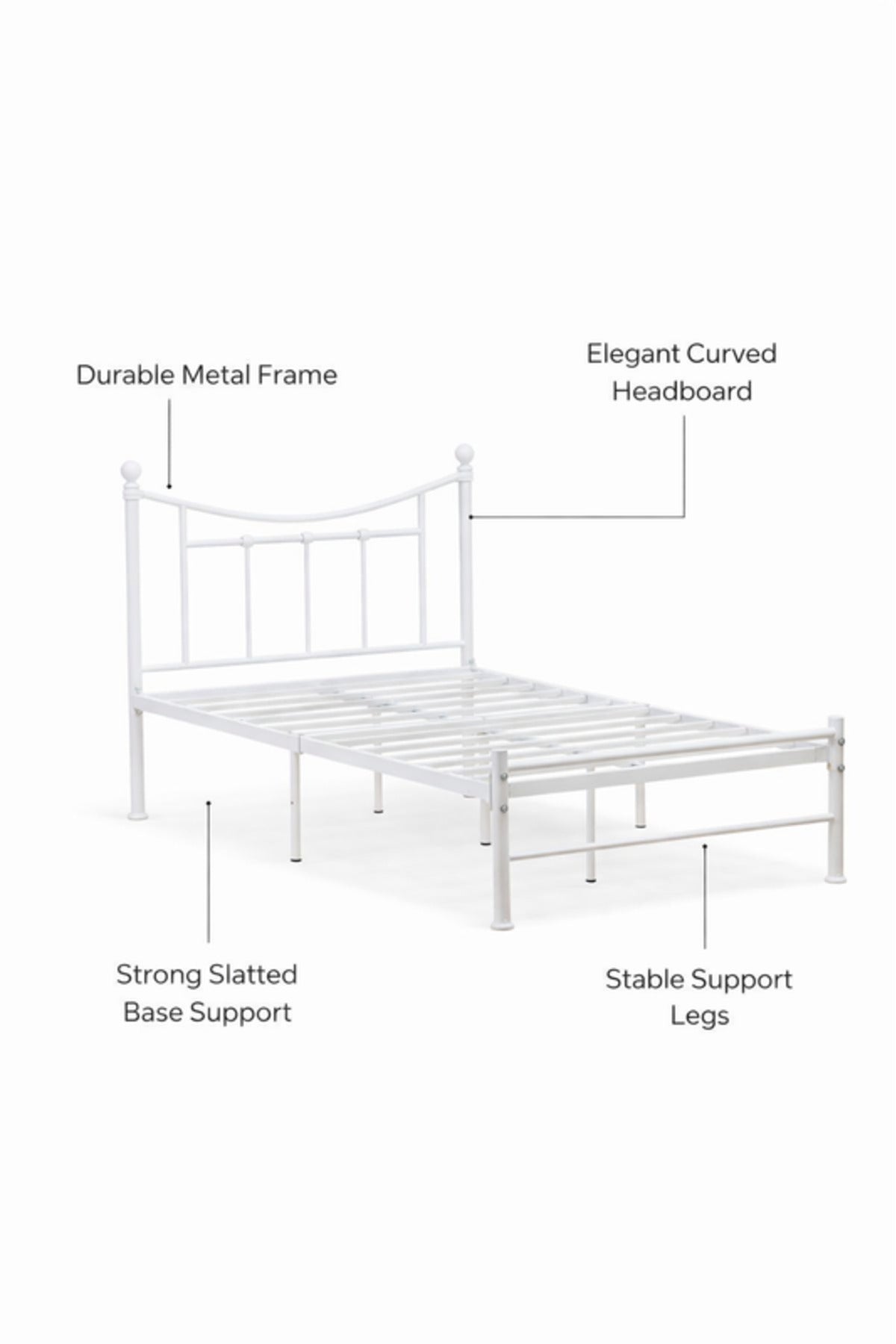 White Metal Bed Frame with Curved Headboard