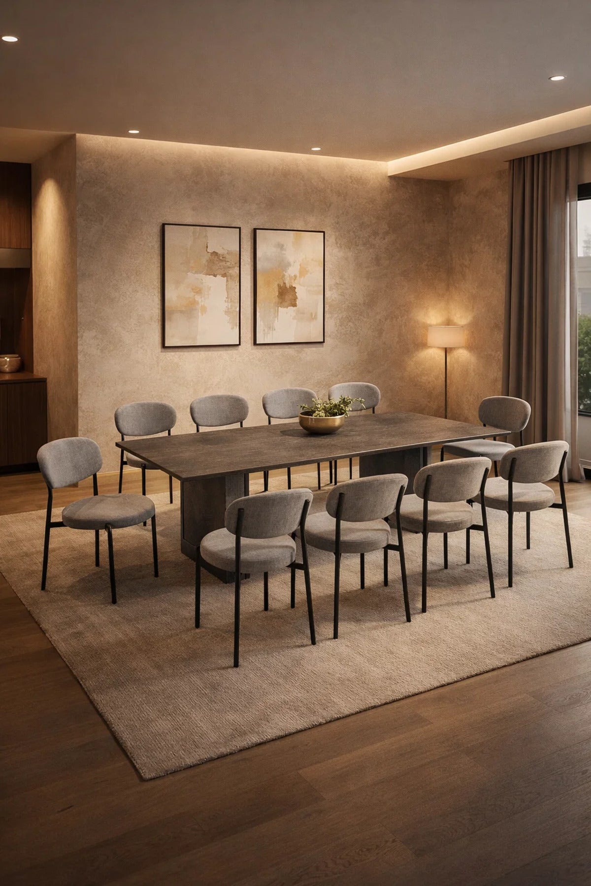 Contemporary 11-Piece Dining Set with Grey Stone Finish Table and Ten Modern Fabric Chairs