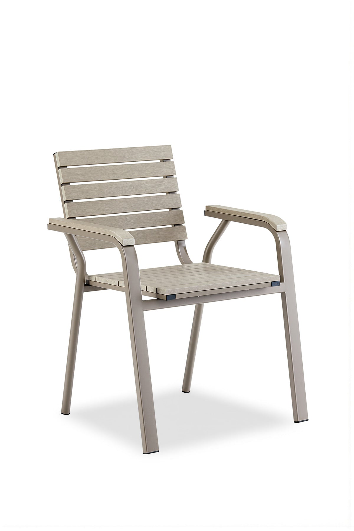كرسي بذراعين لتناول الطعام في الهواء الطلق، رمادي فاتح، هيكل معدني بمظهر خشبي، للحديقة والشرفة، كرسي فناء متين