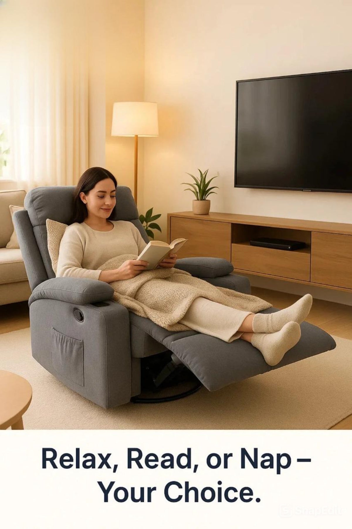 MARIA HOMES Recliner Chair with Footrest, Grey Fabric, Manual Reclining, Padded Armrests, Side Pocket