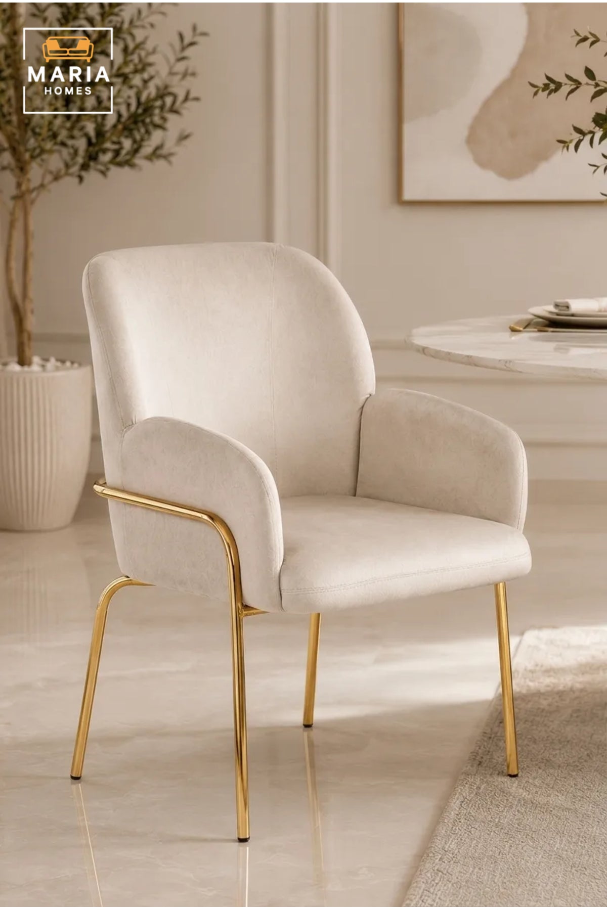 Beige Velvet Accent Chair with Gold Metal Legs √ê Modern Upholstered Armchair for Dining Room, Living Room, Bedroom & Lounge