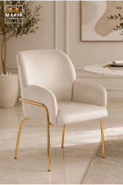 Beige Velvet Accent Chair with Gold Metal Legs √ê Modern Upholstered Armchair for Dining Room, Living Room, Bedroom & Lounge