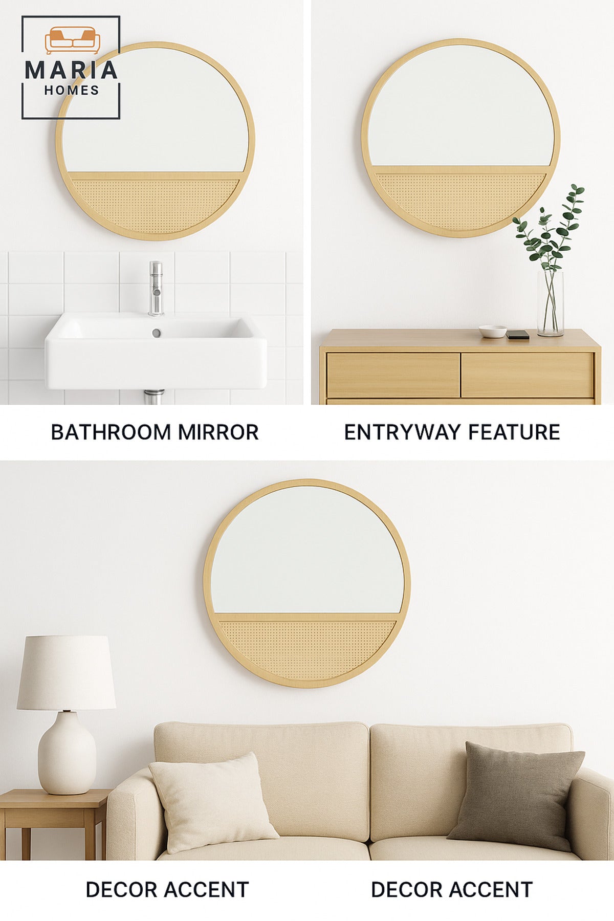 Round Wall Mirror 100 cm √ê Natural Wood Frame with Rattan Design
