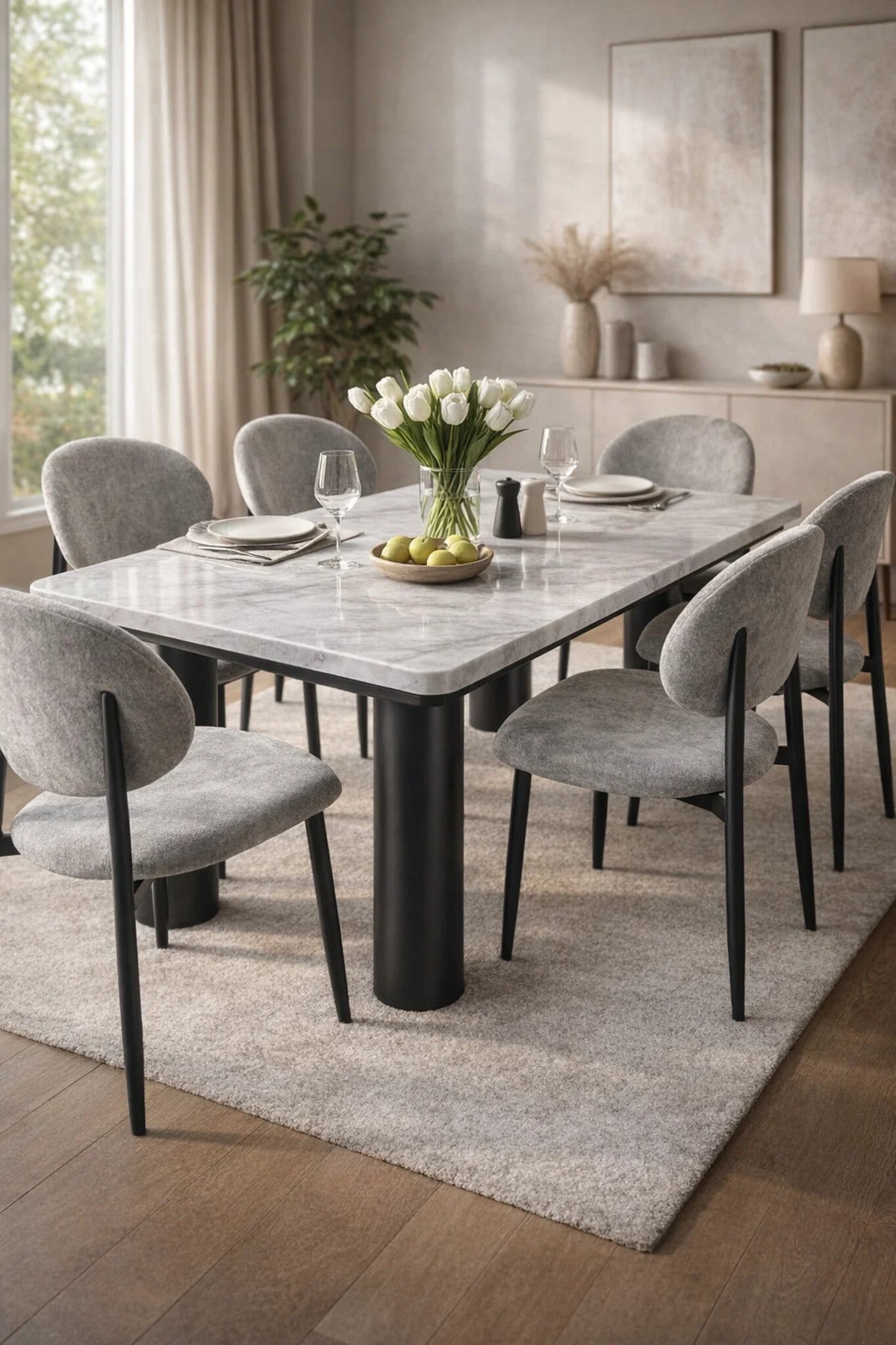 طقم طاولة طعام حديثة بسطح رخامي مع 6 كراسي مبطنة 180x100x75 سم رخام حديث
