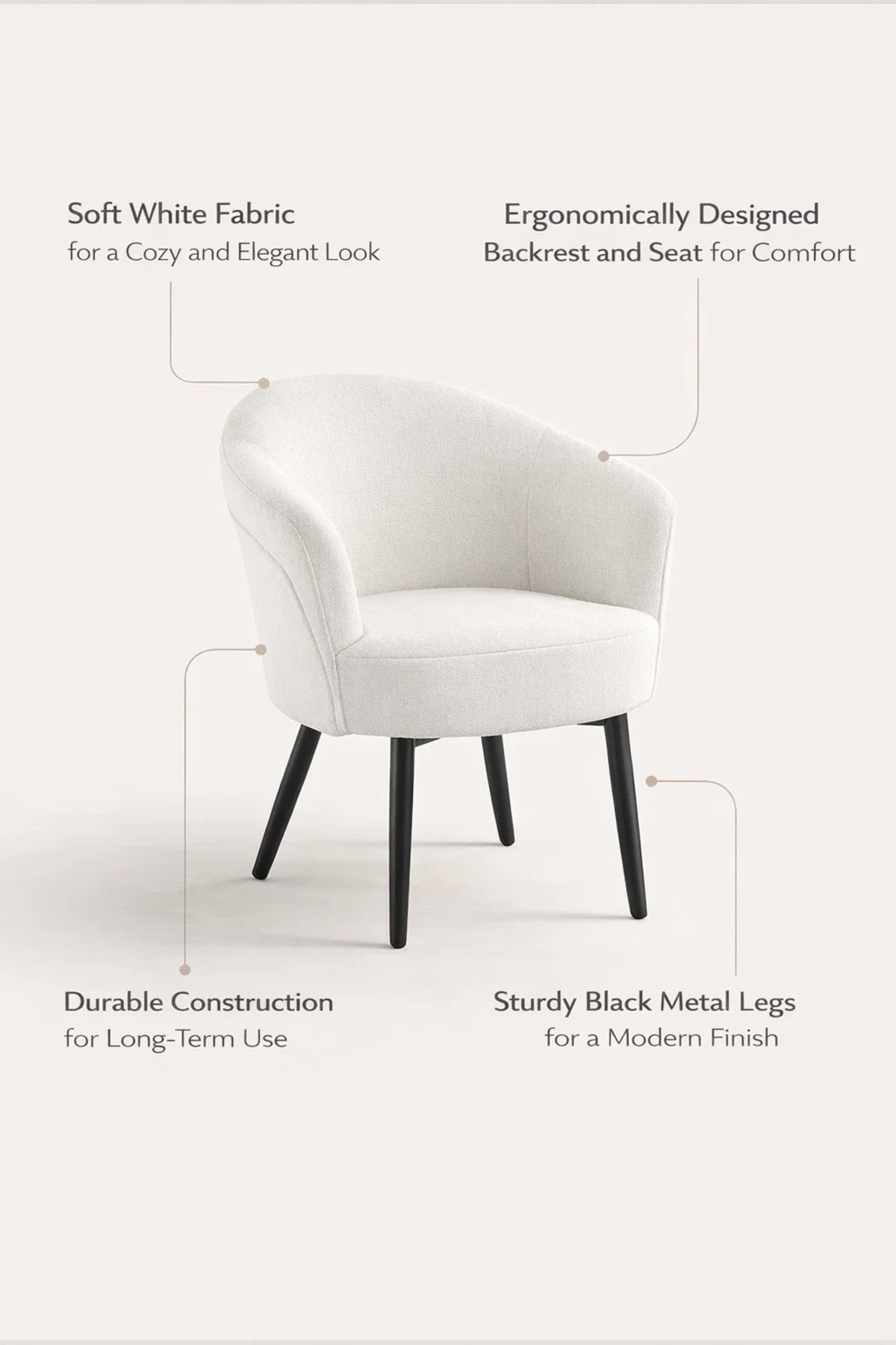Cream Boucle Fabric Dining Chair with Black Tapered Legs Modern Armchair for Living Room and Kitchen