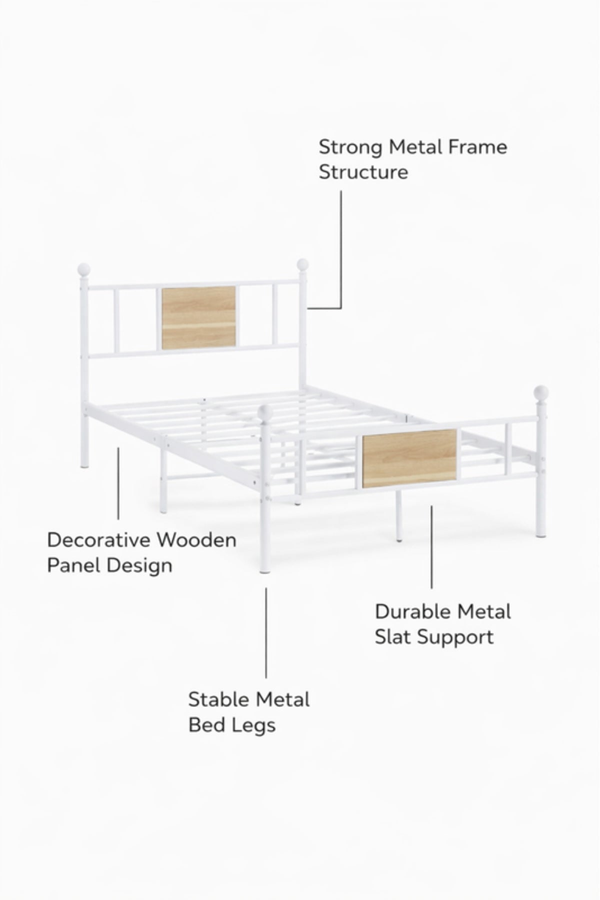 White Metal Bed Frame with Wood Accent Panel white metal bed / Base Headboard