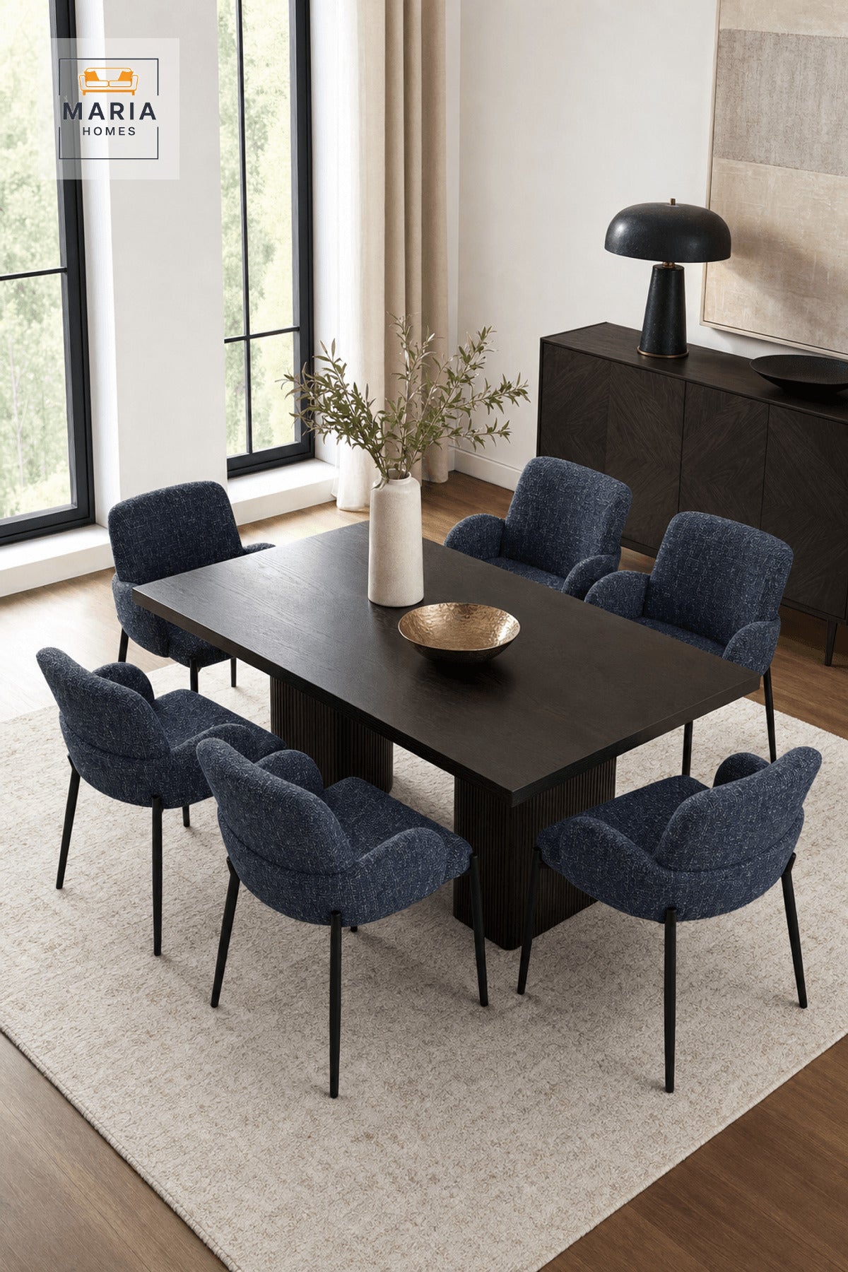 Blue Upholstered Dining Chair with Black Metal Legs, Modern Accent Seat
