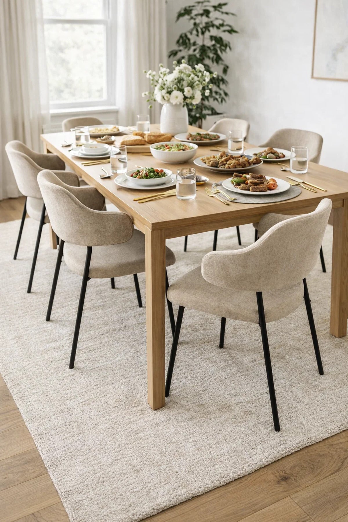 Beige Upholstered Chair with Black Metal Legs, Modern Design beige upholstered chair