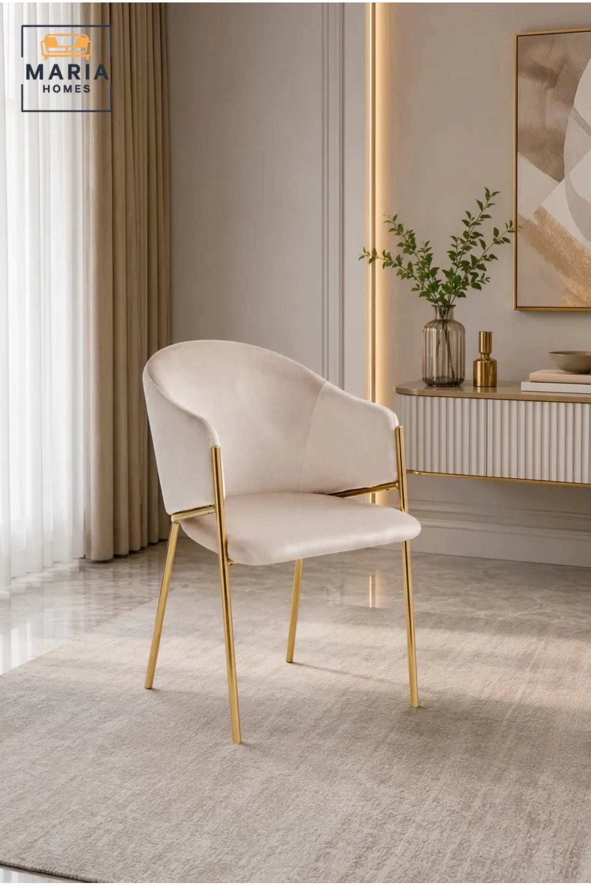 Cream Velvet Dining Chair with Gold Metal Legs √ê Modern Upholstered Accent Chair for Dining Room, Living Room, Bedroom & Lounge