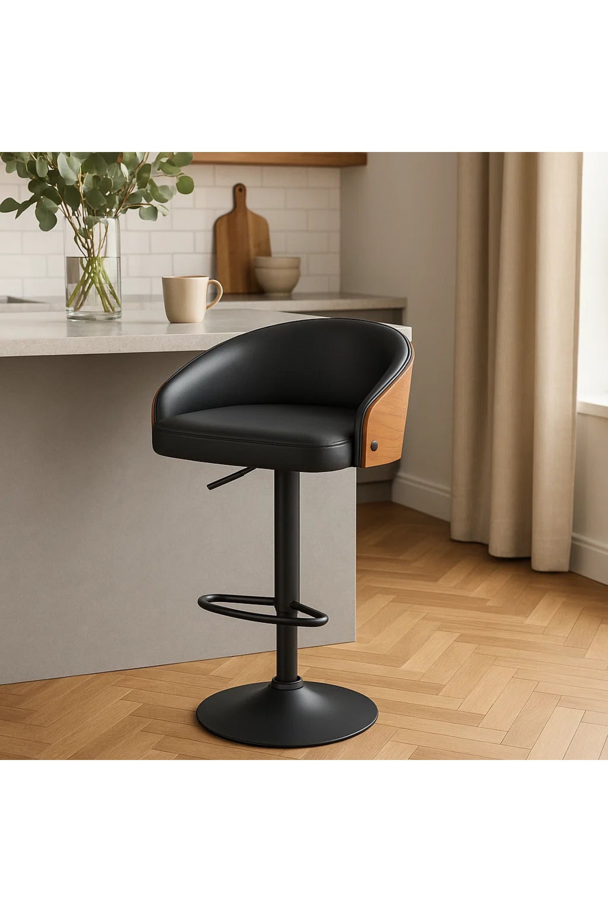 Modern Adjustable Swivel Bar Stool with Black Faux Leather and Wood Accent for Kitchen Use