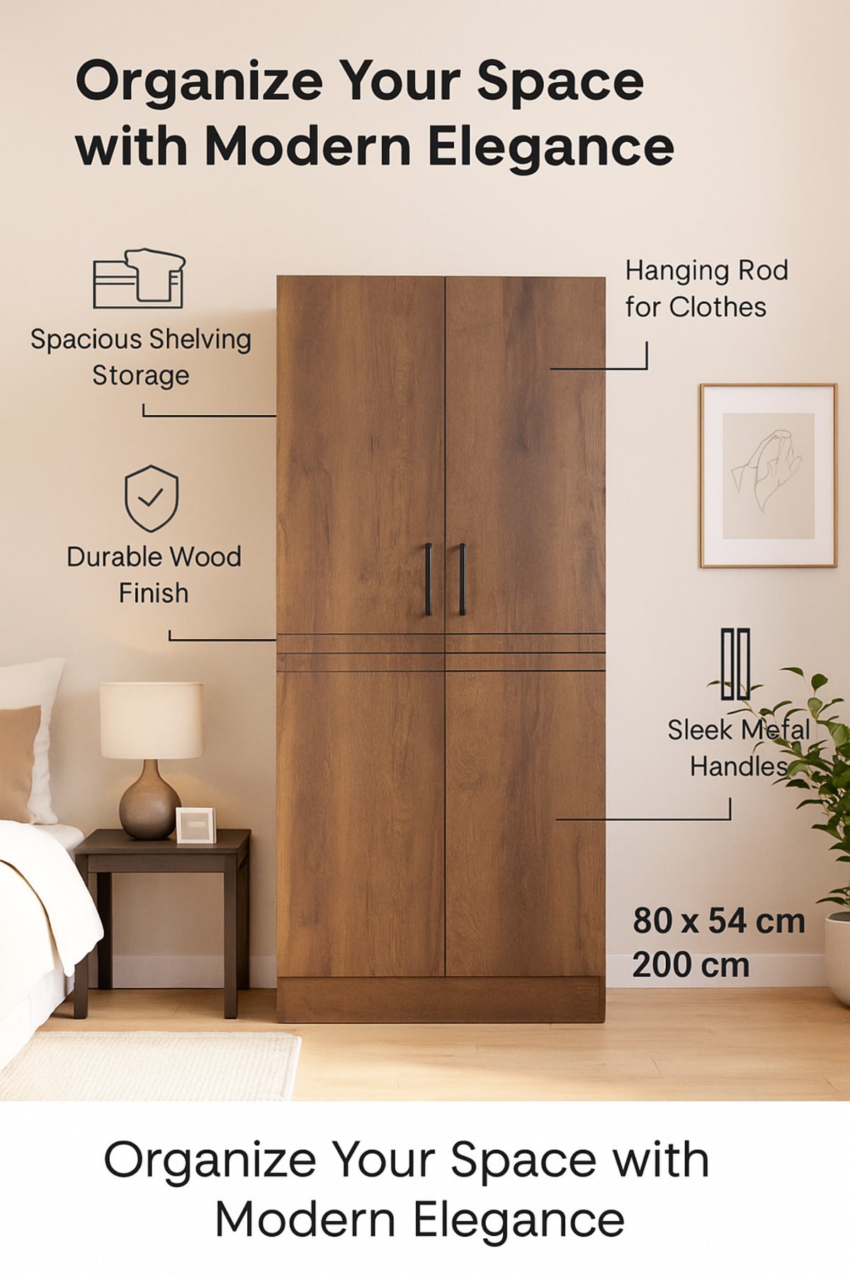 2-Door Wooden Wardrobe with Shelves Ð 80_54_200 cm Modern Storage Cabinet in Brown