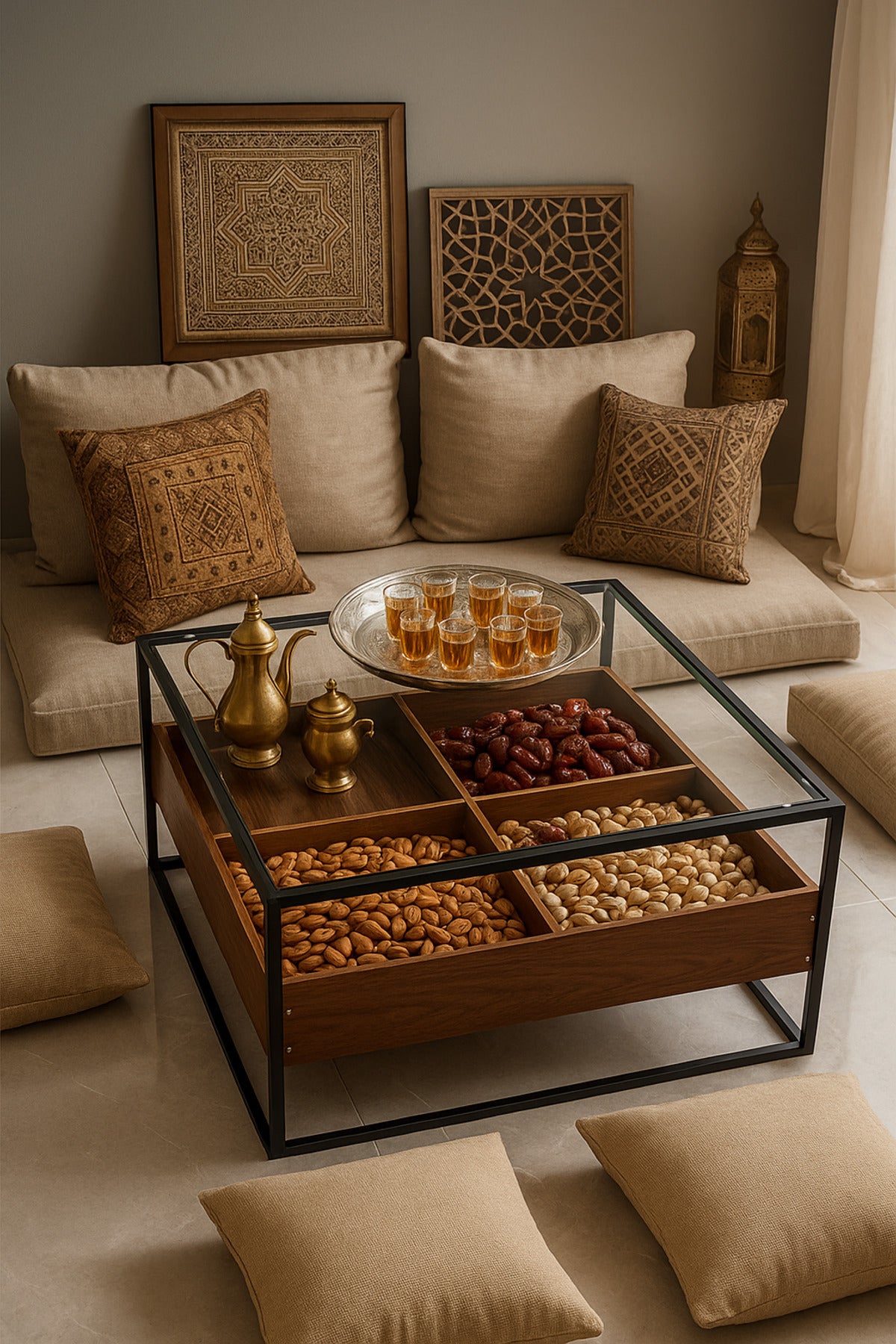 طاولة قهوة زجاجية عصرية مع حجيرات تخزين خشبية وإطار أسود - 80x80x45 سم