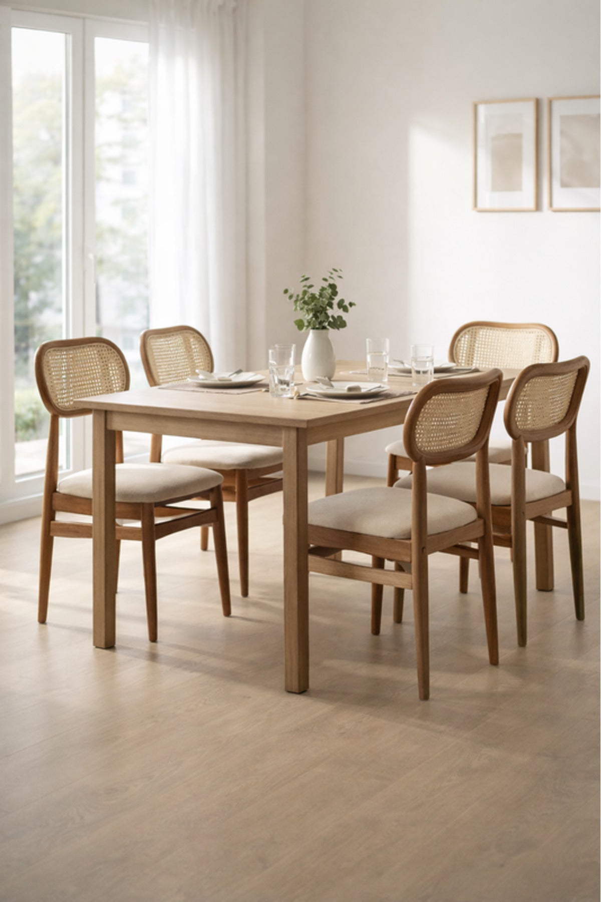 Brown Wooden Rattan Dining Chair 68cm Height Natural Cane Seat Modern brown wooden