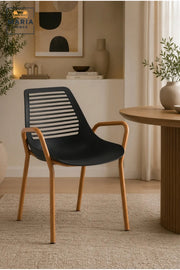 Modern Black Plastic Dining Chair with Wood-Look Legs and Armrests √ê Contemporary Indoor Outdoor Dining Chair for Kitchen, Caf≈Ω & Patio