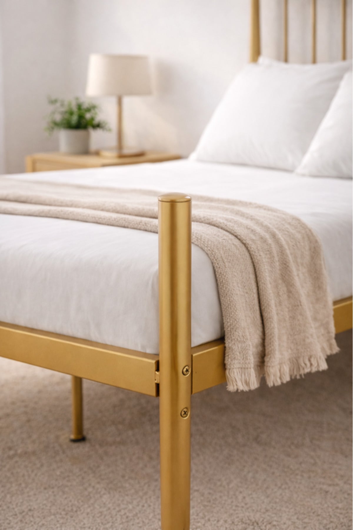 Gold Metal Single Bed Frame with Vertical Headboard gold metal single / Base