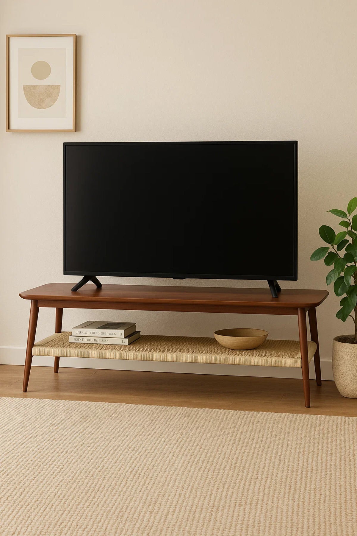 Mid-Century Modern TV Table with Woven Shelf Ð 160x40x45 cm Walnut Finish