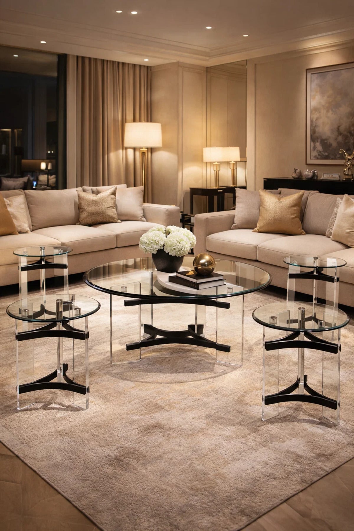 طقم طاولة قهوة زجاجية 5 قطع بقاعدة أكريليك سوداء – تصميم عصري لغرفة المعيشة