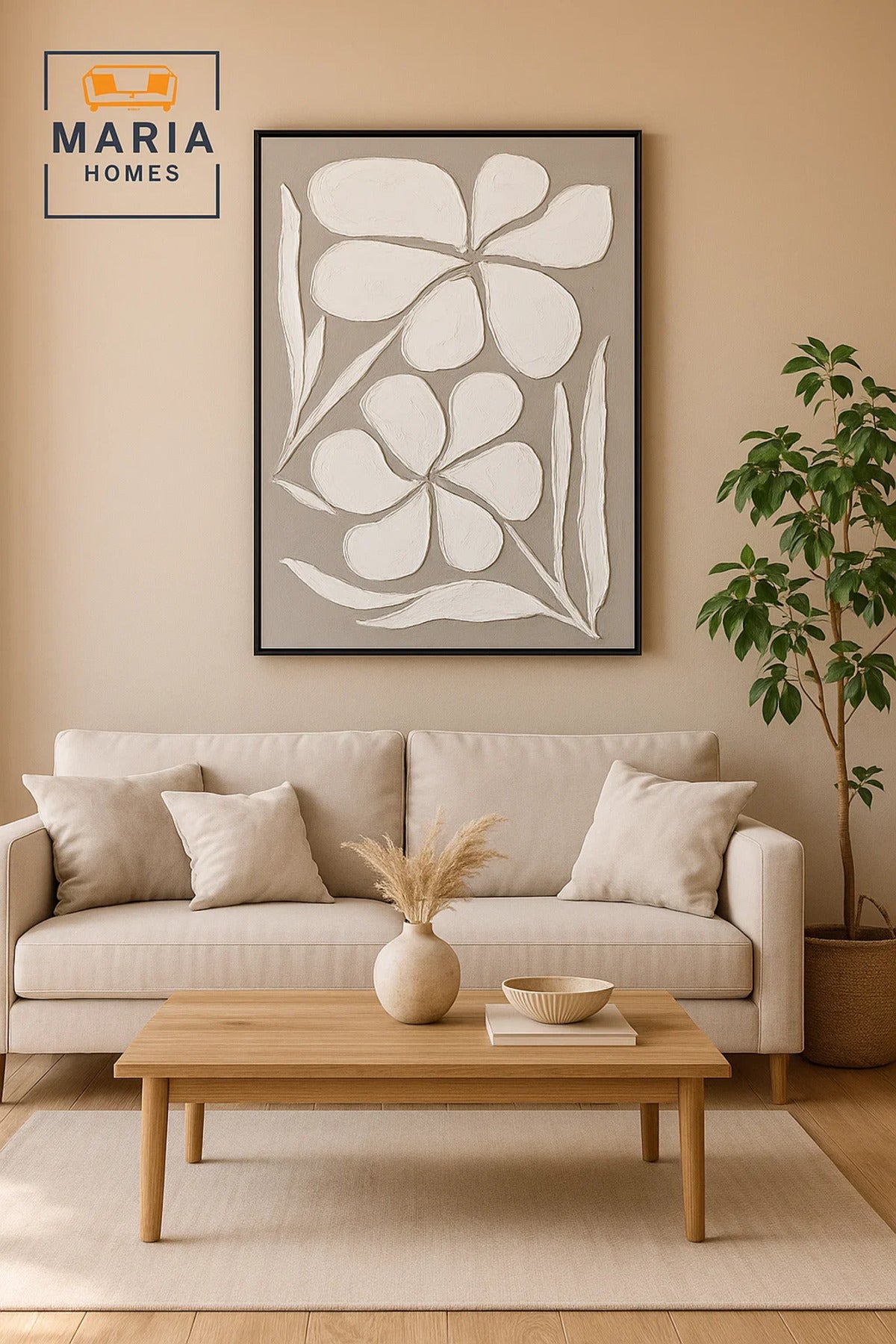 لوحة جدارية ثلاثية الأبعاد حديثة - لوحة زهور بيضاء مزخرفة بزهور ذات ملمس بارز 120_80 سم